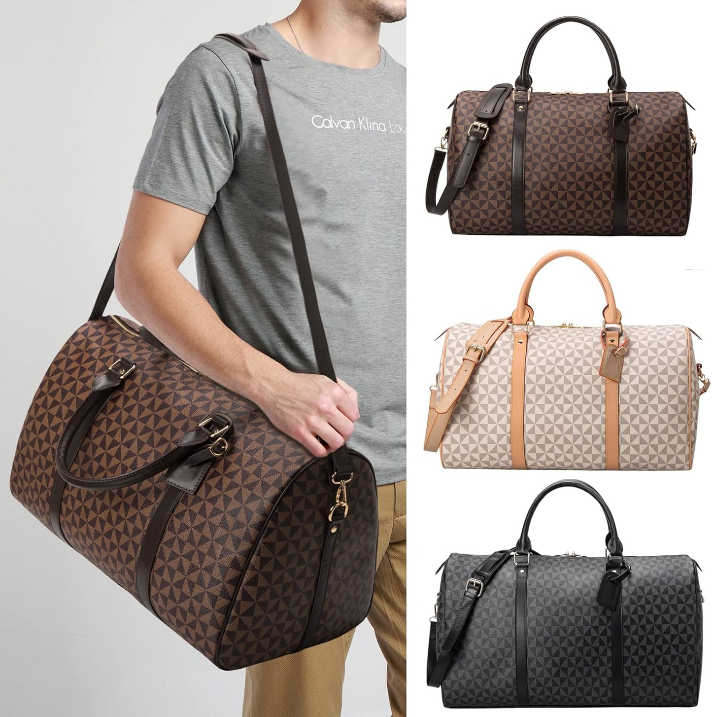 Luxury gym duffle bags with a geometric pattern in three different colors: brown with dark brown accents, beige with tan accents, and black with black accents. The left side of the image shows a man wearing a gray t-shirt and beige pants, carrying the brown version of the bag on his shoulder using the adjustable strap. The right side of the image displays all three color variations individually against a white background, showcasing their design, handles, and detachable shoulder straps.