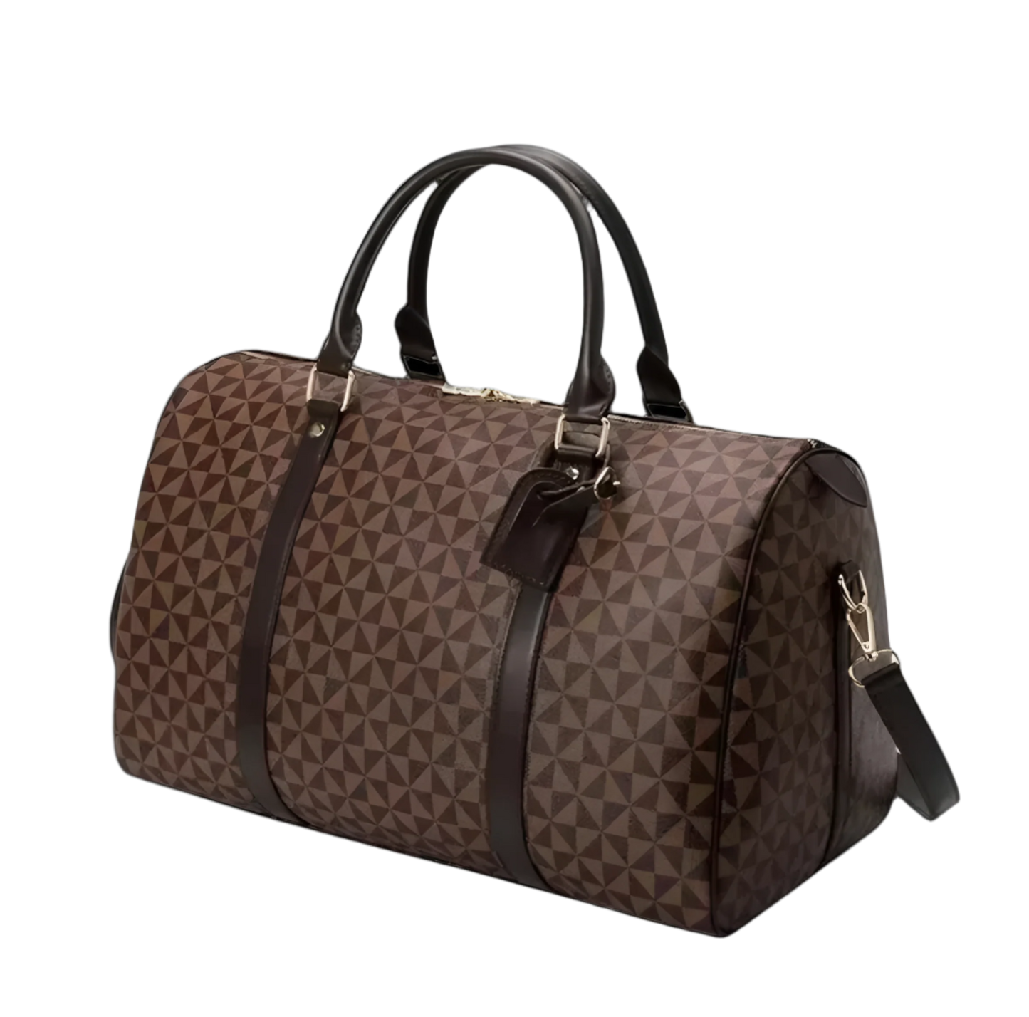 Luxury gym duffle bags with a geometric pattern with dark brown accents. 